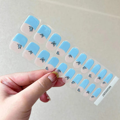 EZ NAILZ|  BLUE BUTTERFLY FRENCH TIP - SEMICURED UV GEL NAILS STICKER KIT